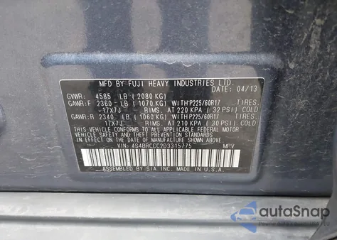 2013 Subaru Outback 2.5I Premium z USA, uszkodzony, nr VIN 4S4BRCCC2D3315775